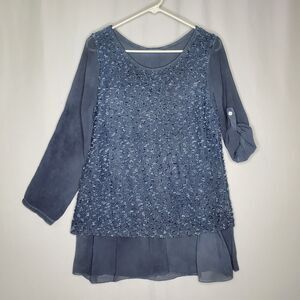 New Collection Italy Top Women Medium Blue Silk Textured Mesh